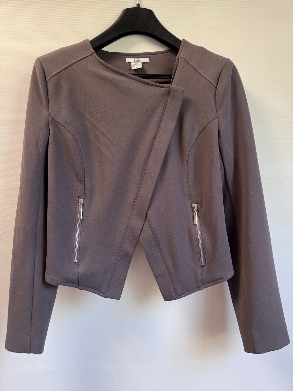 Bar III Women’s Asymmetrical Moto Jacket Size L Gray Taupe Zip Pockets